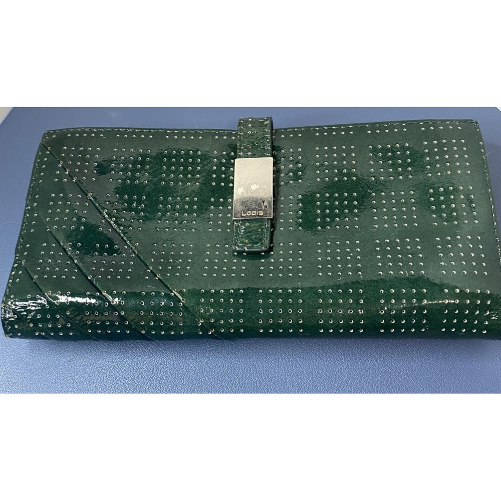 LODIS Emerald Green Perforated Patent Leather Continental Wallet Slim Clutch‎